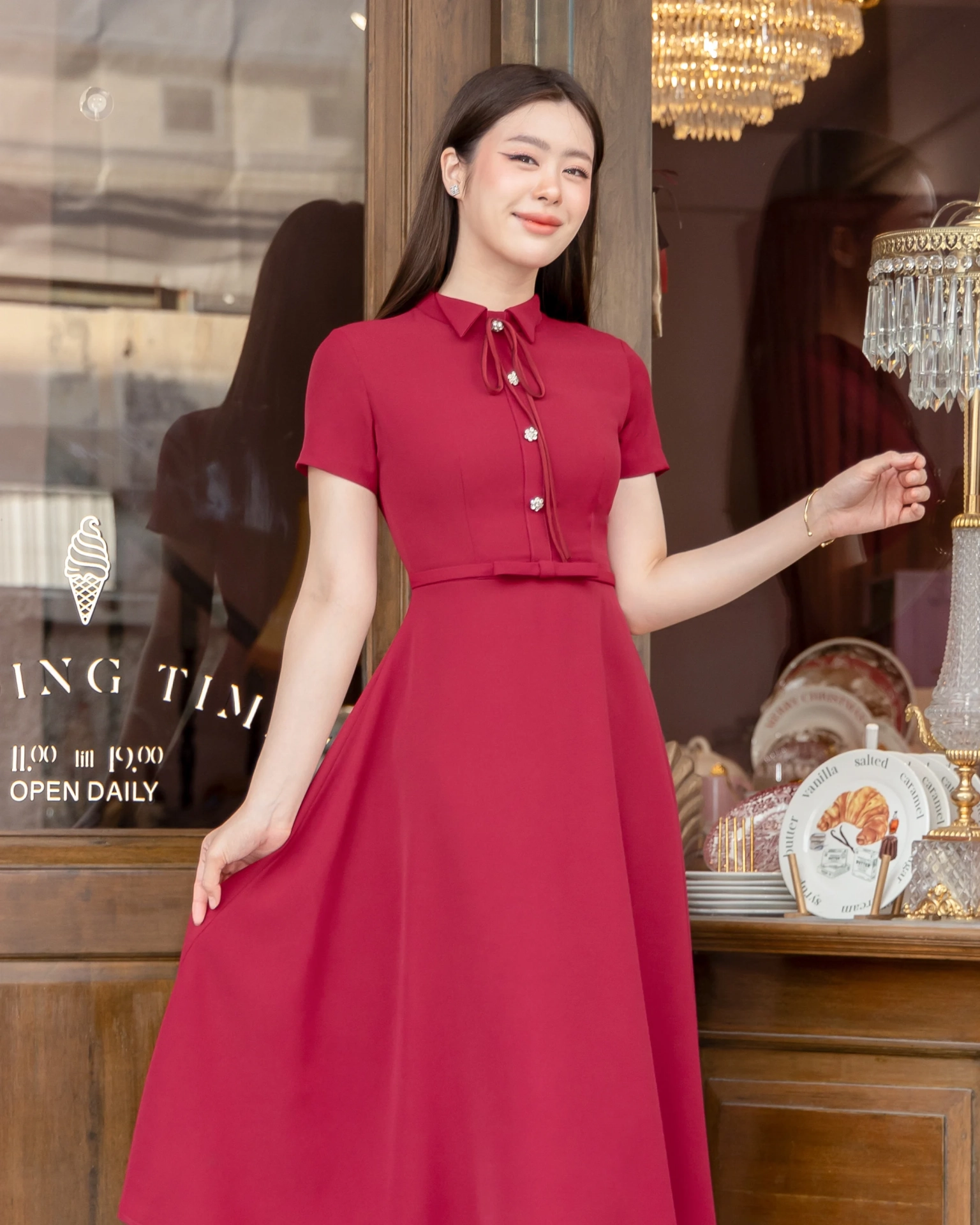 Red Ivy Dress with a Bow Tie C0124A (2)