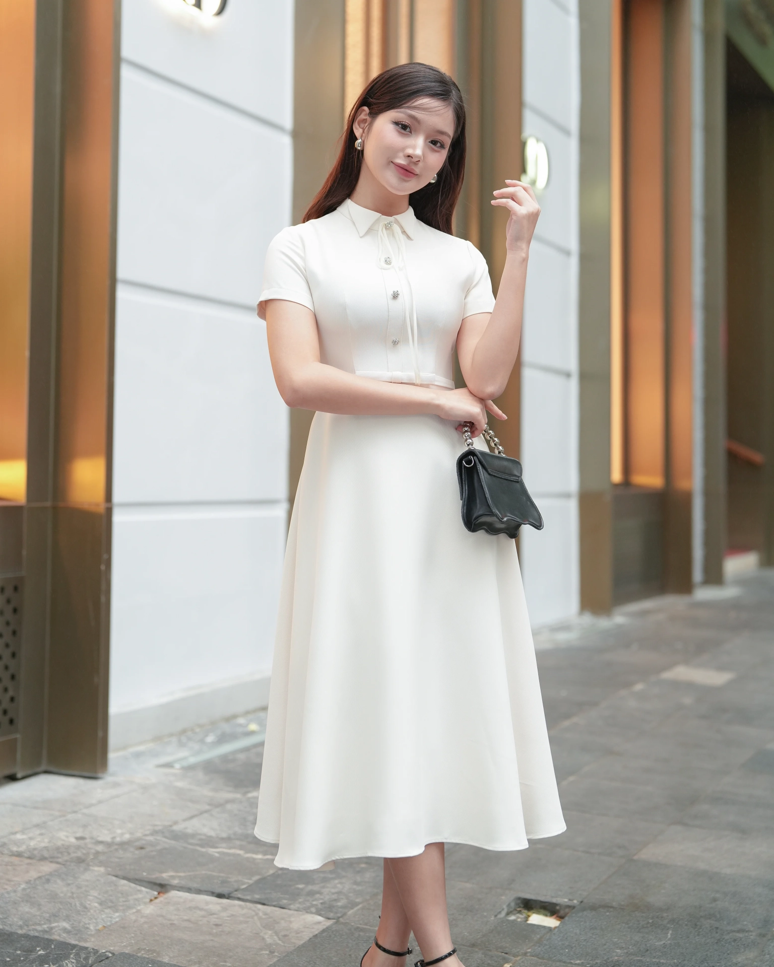White Ivy Dress with a Bow Tie C0823B (2)