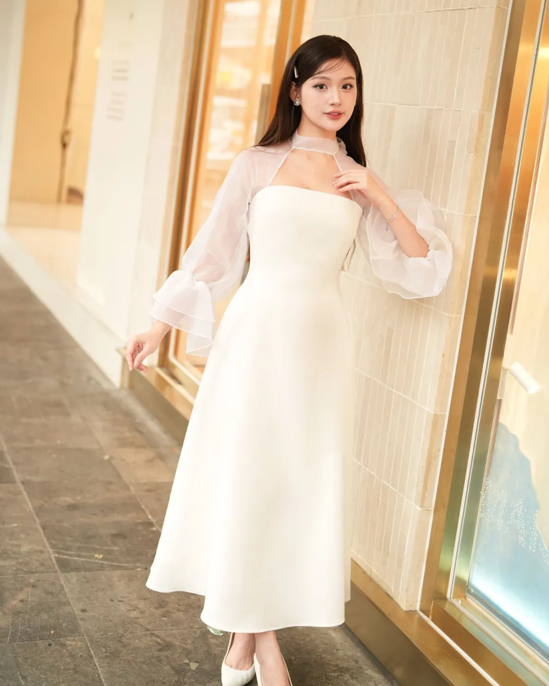 Maxi Dress with Silk Chiffon Sleeves