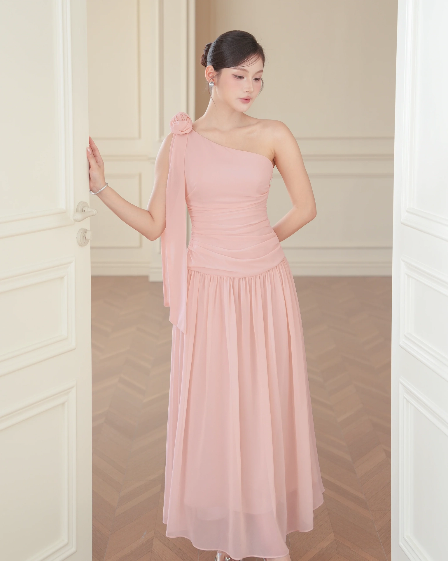 Pink Helen One Shoulder Draped Dress C102508 (1)