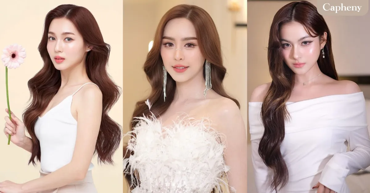 ทรงผมไปงานแต่งงาน แบบลอนผม เดรสสายเดี่ยวสีทอง–สีเบจ พร้อมเสื้อคลุมผ้าตาข่าย