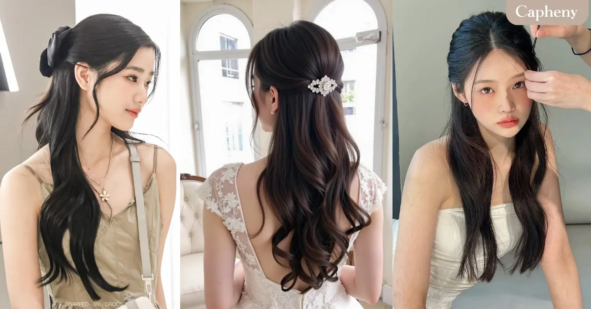 ทรงผมไปงานแต่งงาน แบบมัดผมครึ่งหัว เดรสสายเดี่ยวสีทอง–สีเบจ พร้อมเสื้อคลุมผ้าตาข่าย