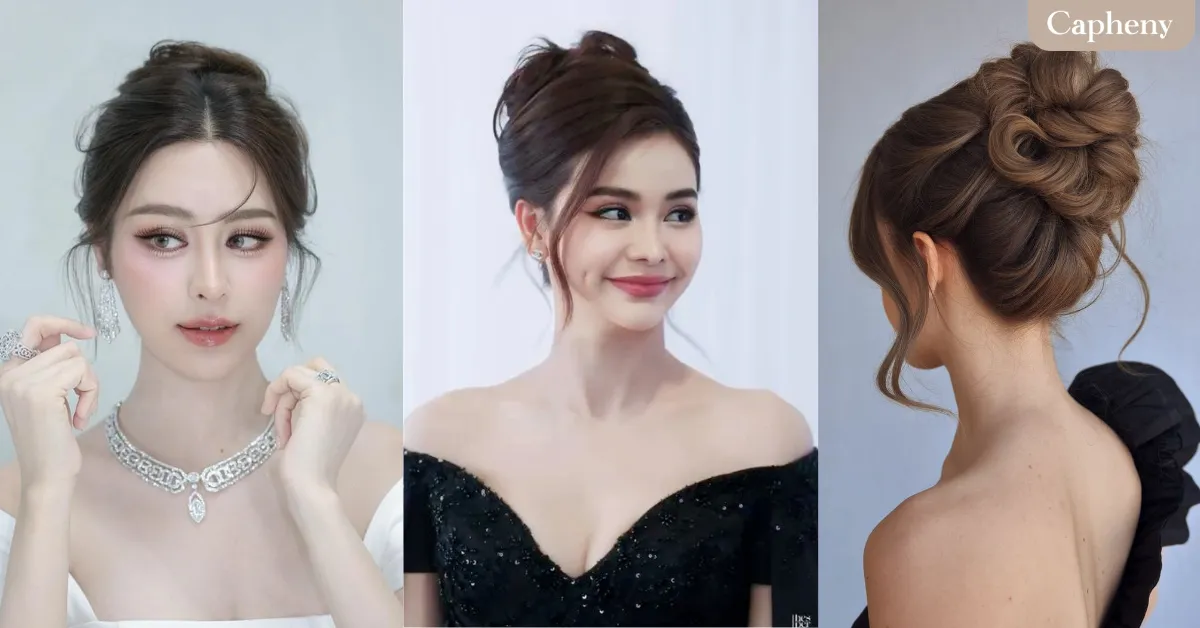 ทรงผมไปงานแต่งงาน แบบมวยผมสูง เดรสสายเดี่ยวสีทอง–สีเบจ พร้อมเสื้อคลุมผ้าตาข่าย