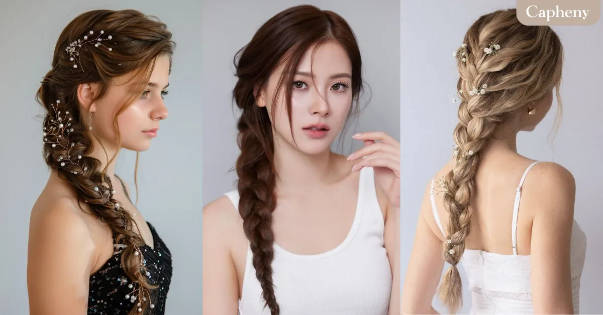 ทรงผมไปงานแต่งงาน แบบเปียผมข้างเดียว เดรสสายเดี่ยวสีทอง–สีเบจ พร้อมเสื้อคลุมผ้าตาข่าย