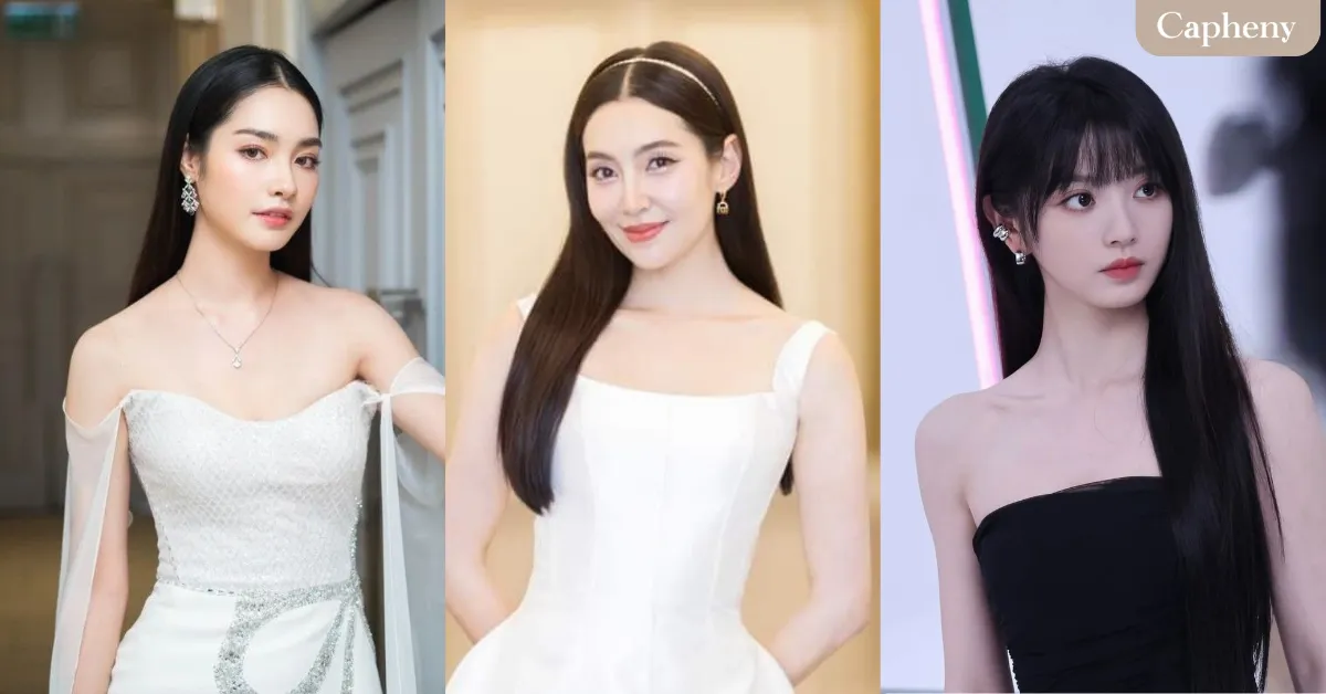 ทรงผมไปงานแต่งงาน แบบไดร์ฟผมตรง เดรสสายเดี่ยวสีทอง–สีเบจ พร้อมเสื้อคลุมผ้าตาข่าย