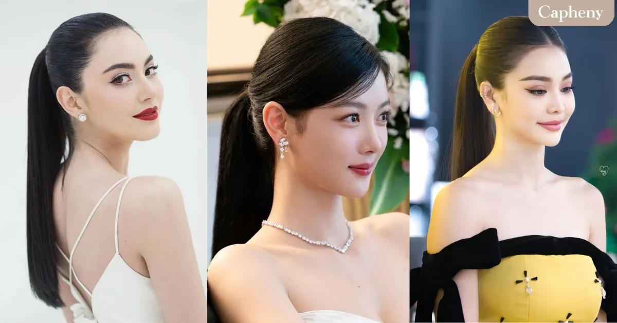 ทรงผมไปงานแต่งงาน แบบหางม้าสูงเรียบตึง เดรสสายเดี่ยวสีทอง–สีเบจ พร้อมเสื้อคลุมผ้าตาข่าย