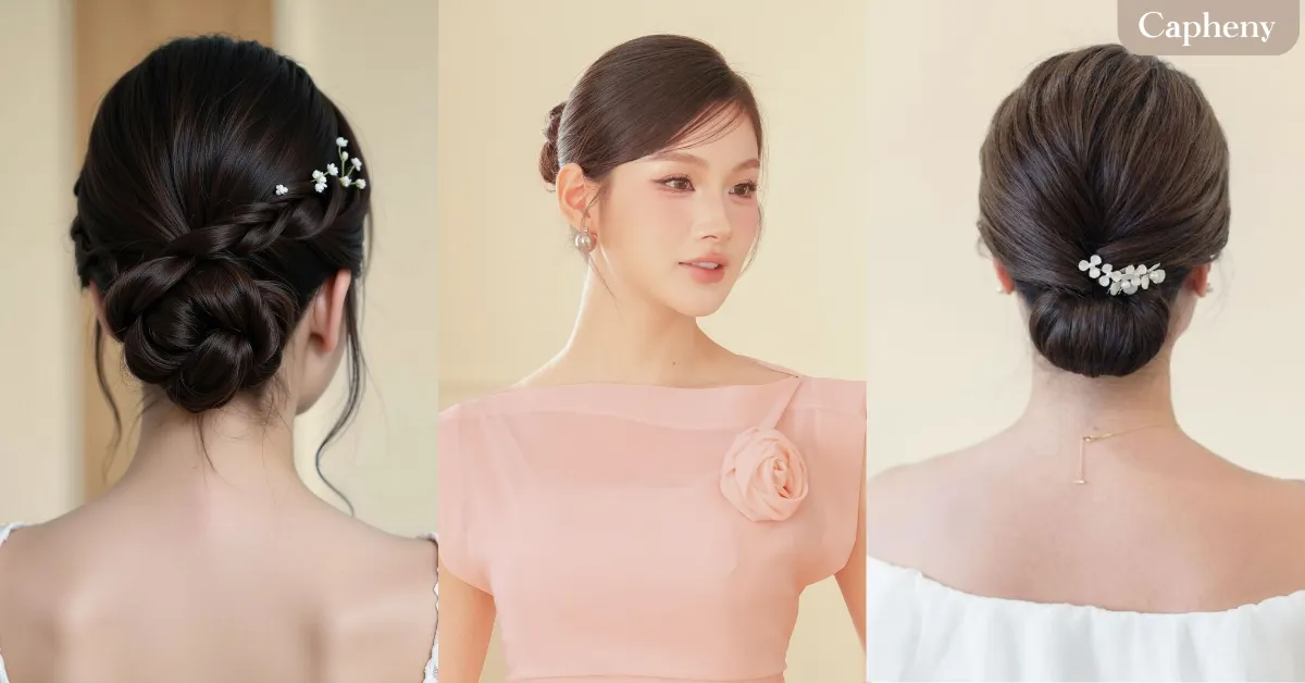 ทรงผมไปงานแต่งงาน แบบเกล้ามวยต่ำ เดรสสายเดี่ยวสีทอง–สีเบจ พร้อมเสื้อคลุมผ้าตาข่าย