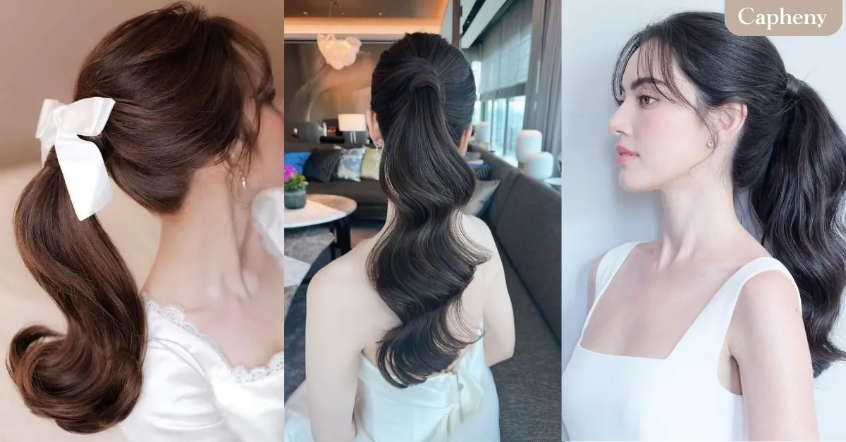ทรงผมไปงานแต่งงาน แบบผมหางม้าลอนคลื่น เดรสสายเดี่ยวสีทอง–สีเบจ พร้อมเสื้อคลุมผ้าตาข่าย