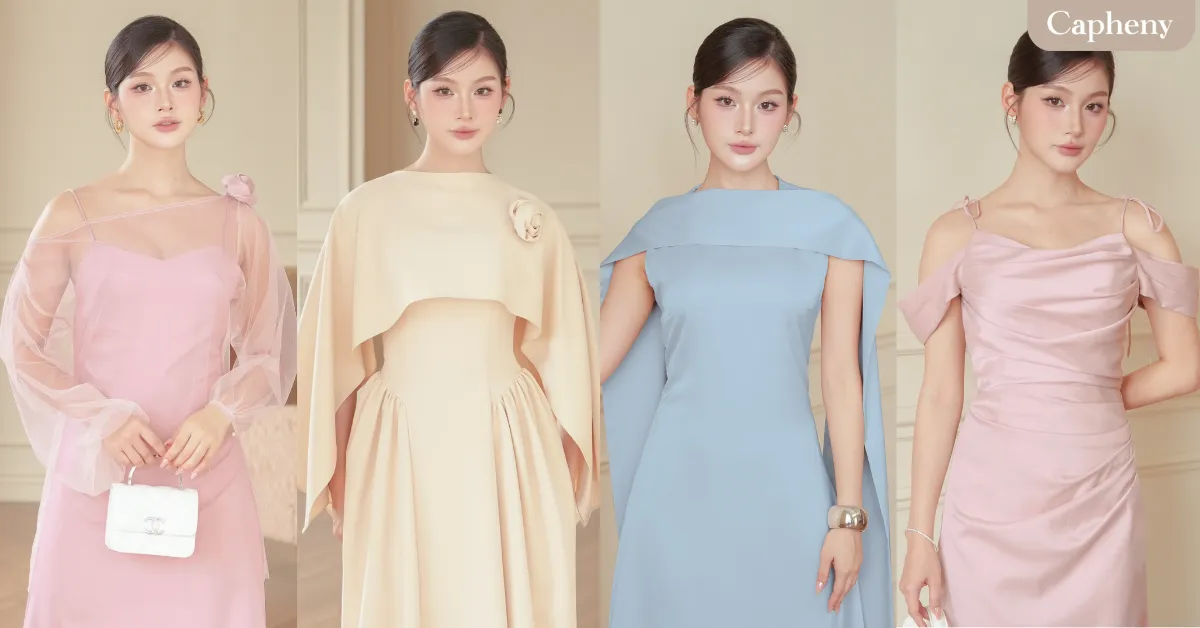 วิธีการเลือกชุดราตรี ปิดต้นแขน เดรสสายเดี่ยวสีทอง–สีเบจ พร้อมเสื้อคลุมผ้าตาข่าย