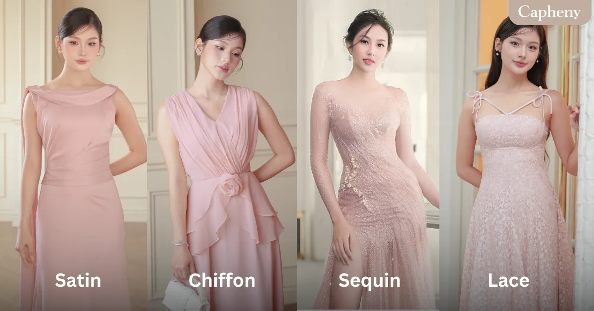 เดรสสายเดี่ยวสีทอง–สีเบจ พร้อมเสื้อคลุมผ้าตาข่าย