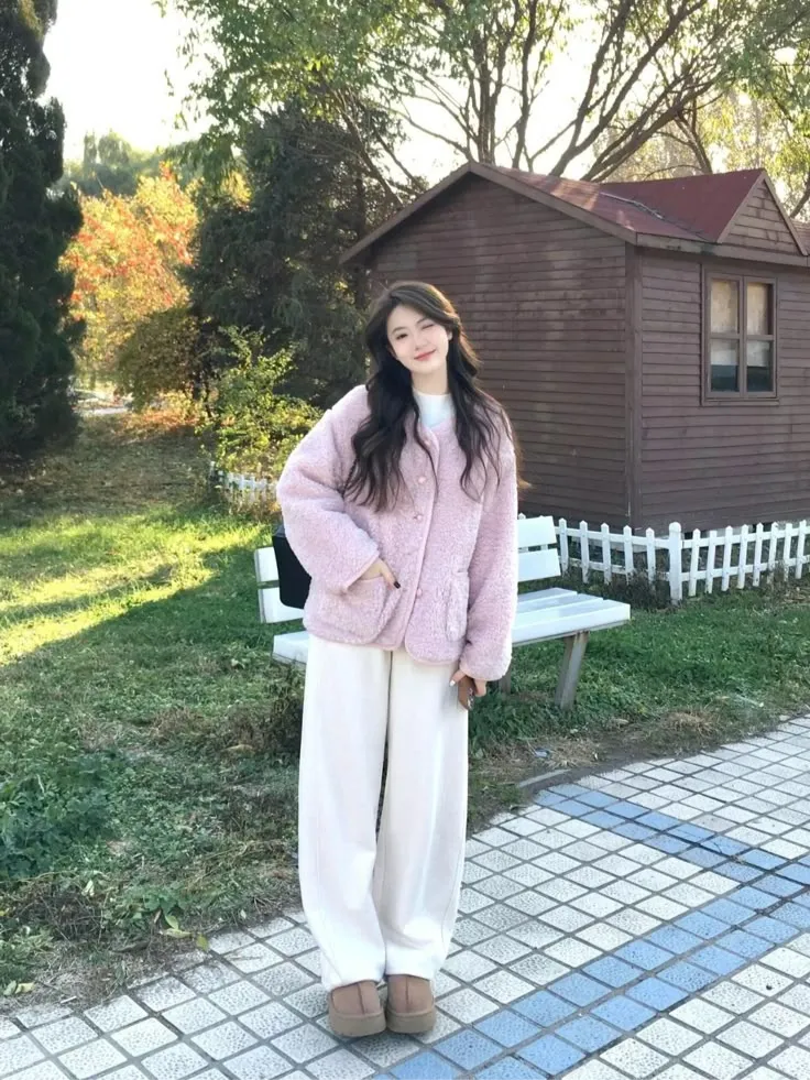 ชุดไปเชียงใหม่ เสื้อกันหนาวสีชมพู กางเกงสีขาว